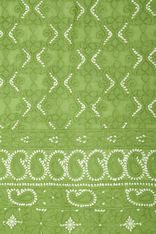 Ada Hand Embroidered Green Cotton Lucknowi Chikan Unstitched Suit Piece-A100178