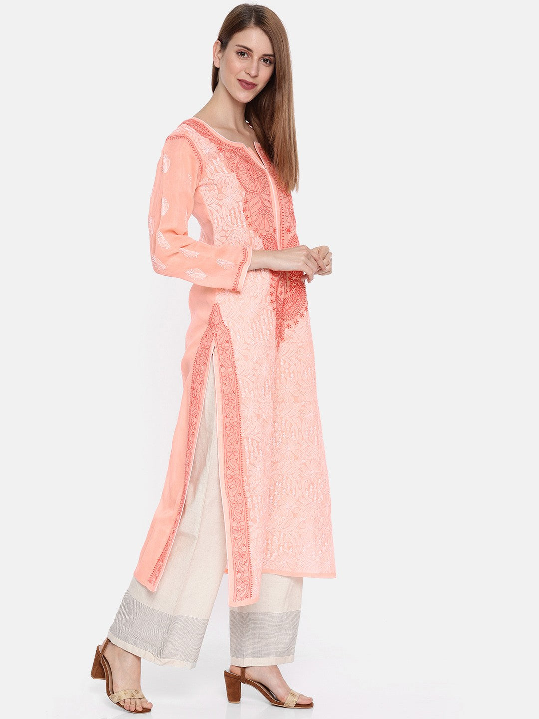 Ada Hand Embroidered Peach Cotton Lucknowi Chikankari Straight Kurta A230781