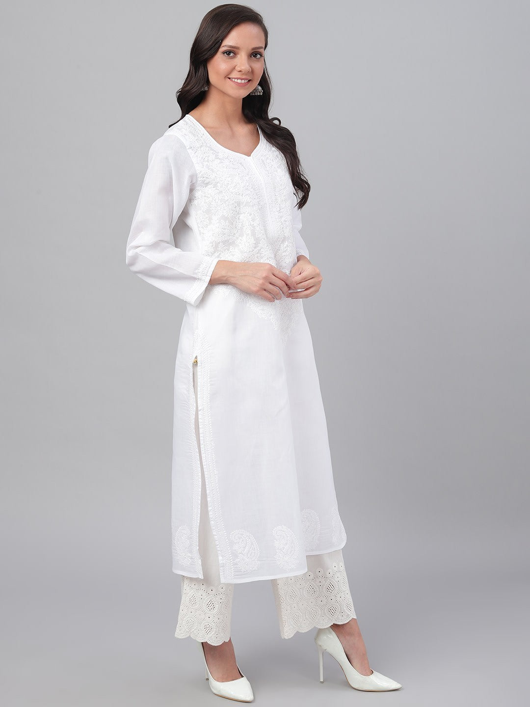 Ada Hand Embroidered White Cotton Lucknowi Chikankari Straight Kurta A227625