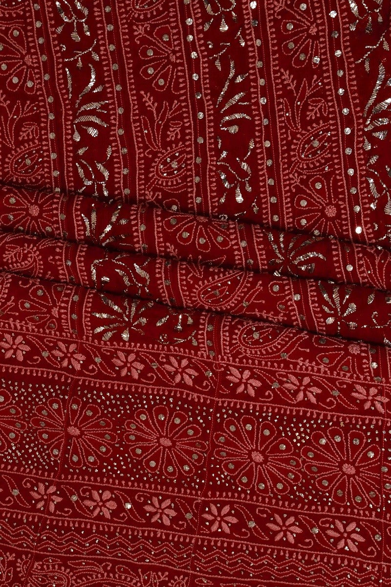 Ada Hand Embroidered Maroon Pure Georgette Lucknowi Chikankari Semi-stitched Anarkali Kurta Dupatta Set With Muqaish Work-A617645
