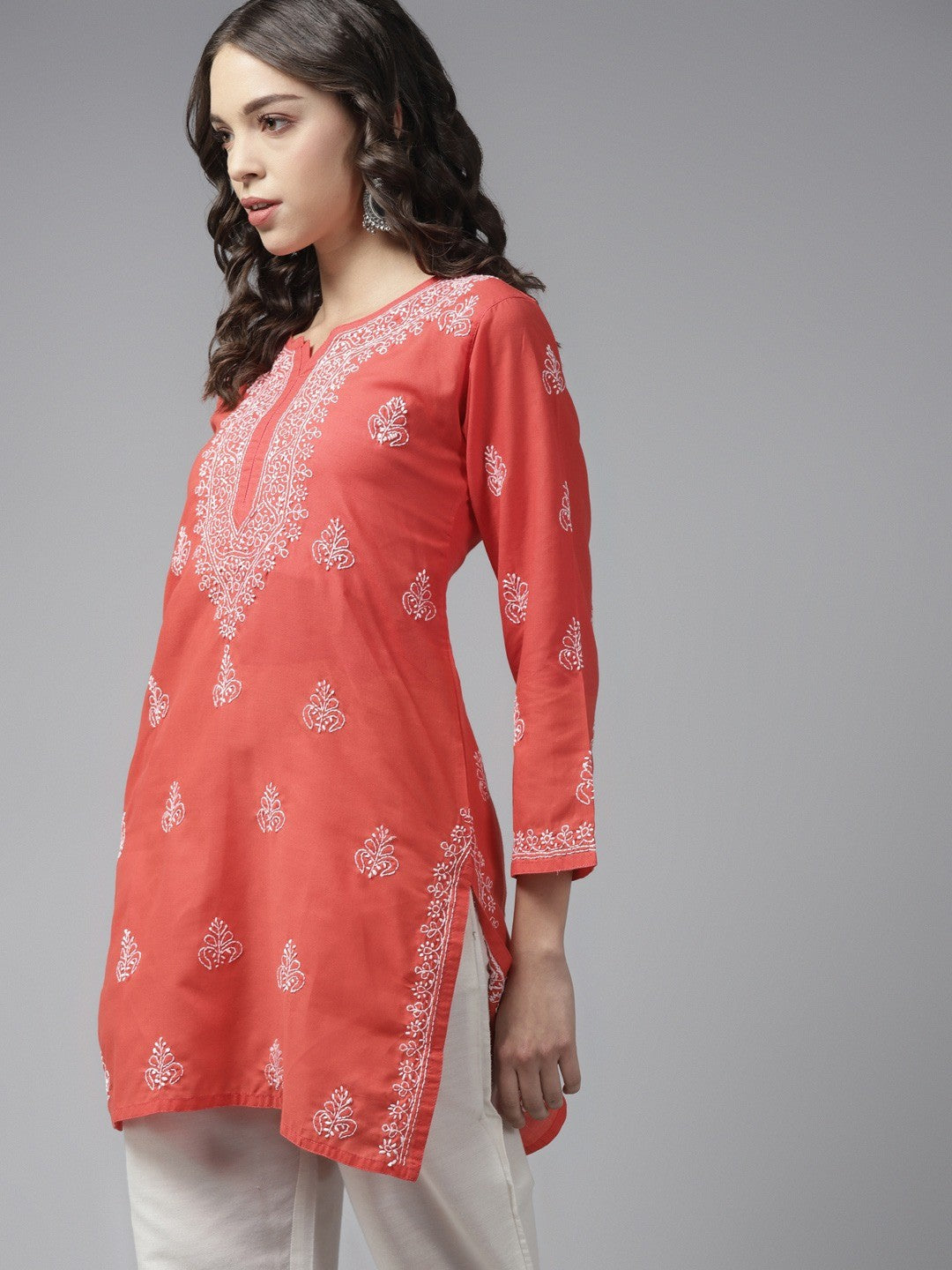 Ada Hand Embroidered Coral Red Cotton Lucknowi Chikankari Kurti A911160