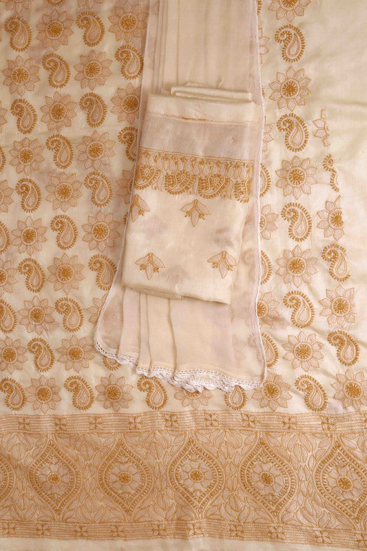 Ada Hand Embroidered Egg Nog Natural Cream Tusser Silk Lucknowi Chikan Unstitched Suit Piece-A446747