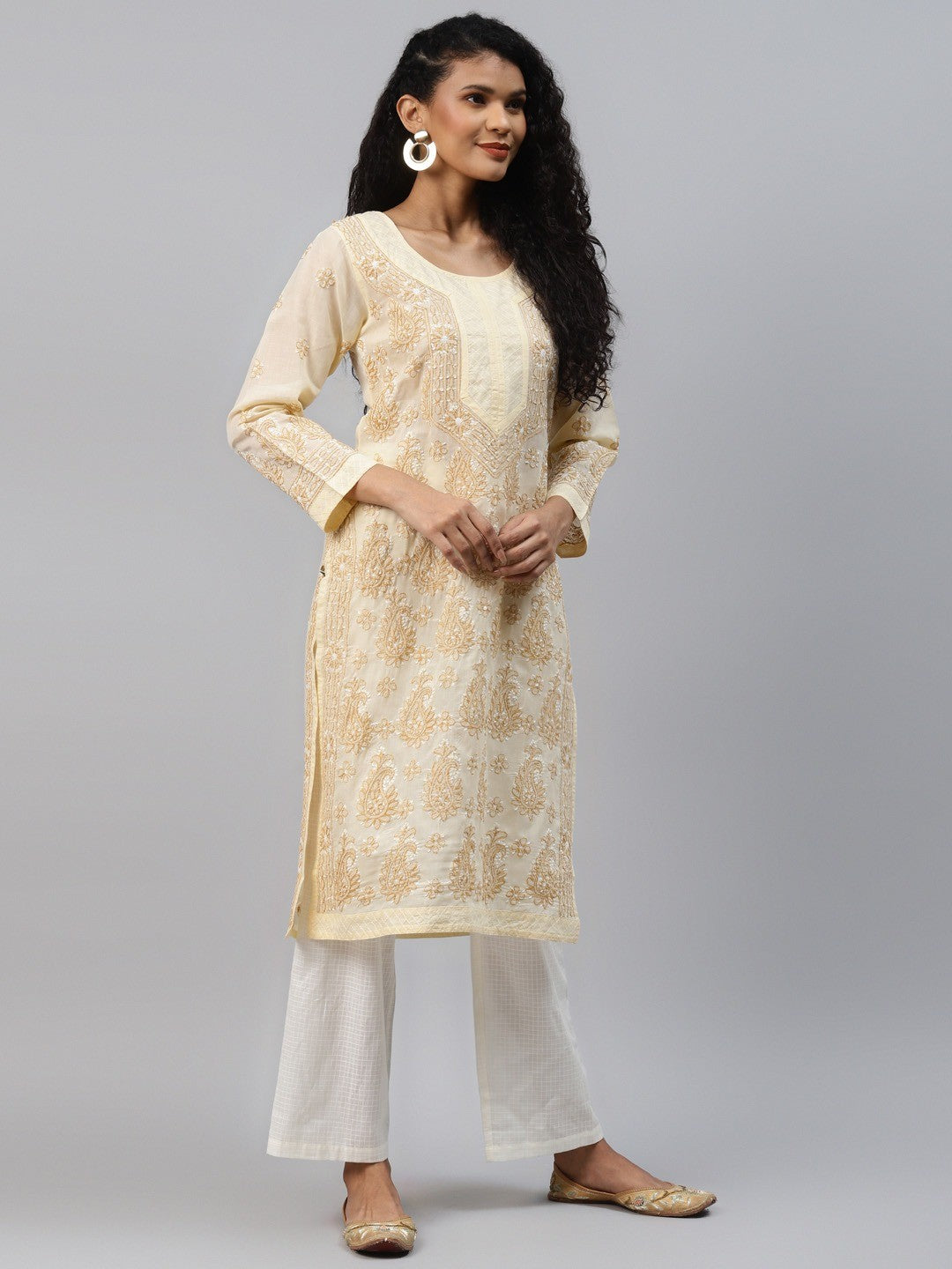Ada Hand Embroidered Fawn Cotton Lucknowi Chikankari Straight Kurta A238244