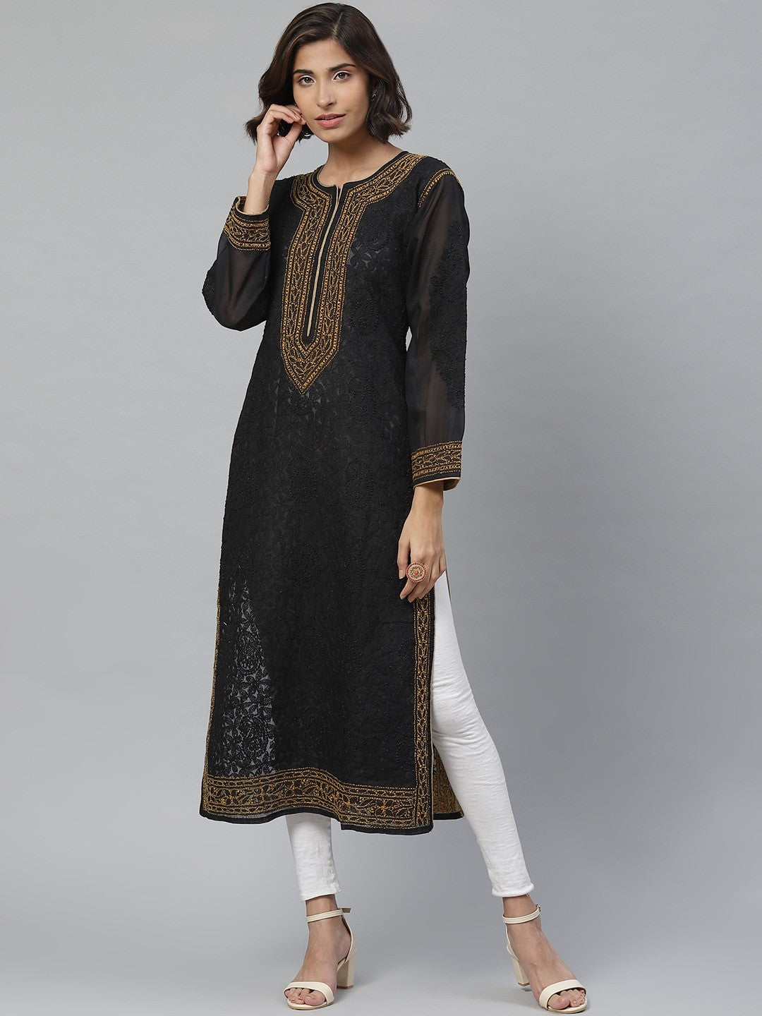 Ada Hand Embroidered Black Cotton Lucknow Chikankari Straight Kurta A411133