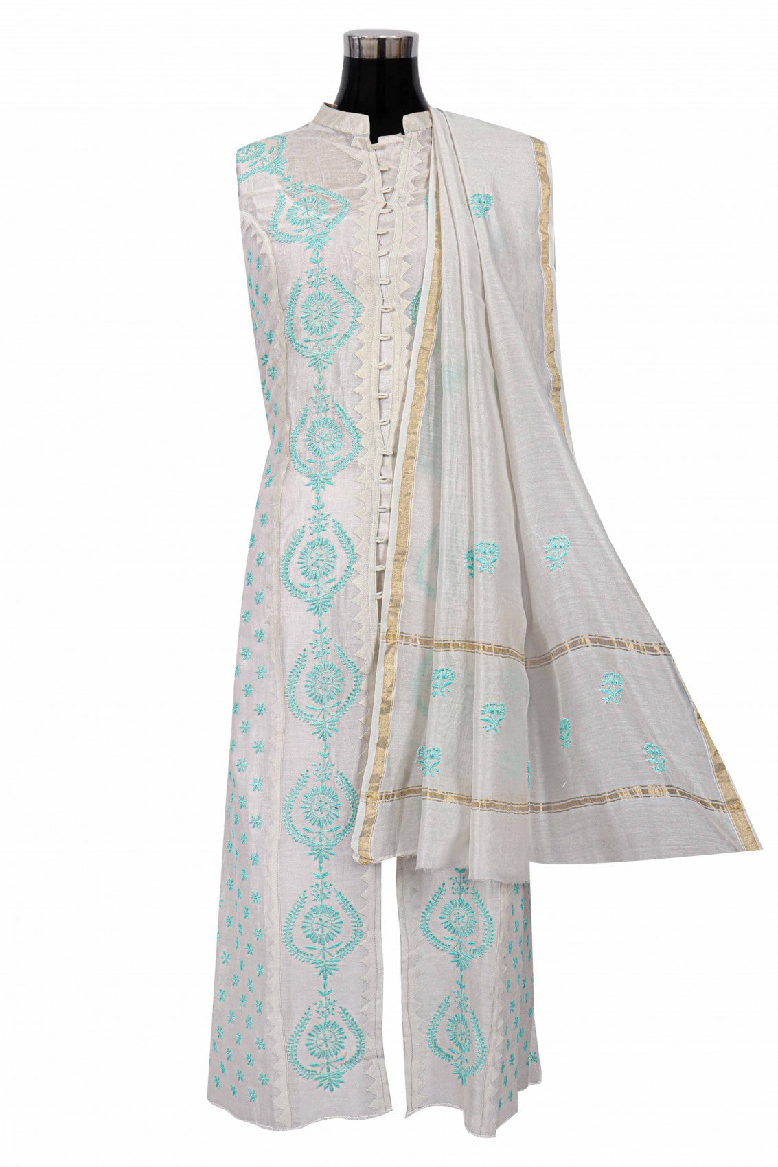 Ada Hand Embroidered Light Grey Chanderi Lucknowi Chikankari Semi-stitched Kurta Dupatta Set A320060