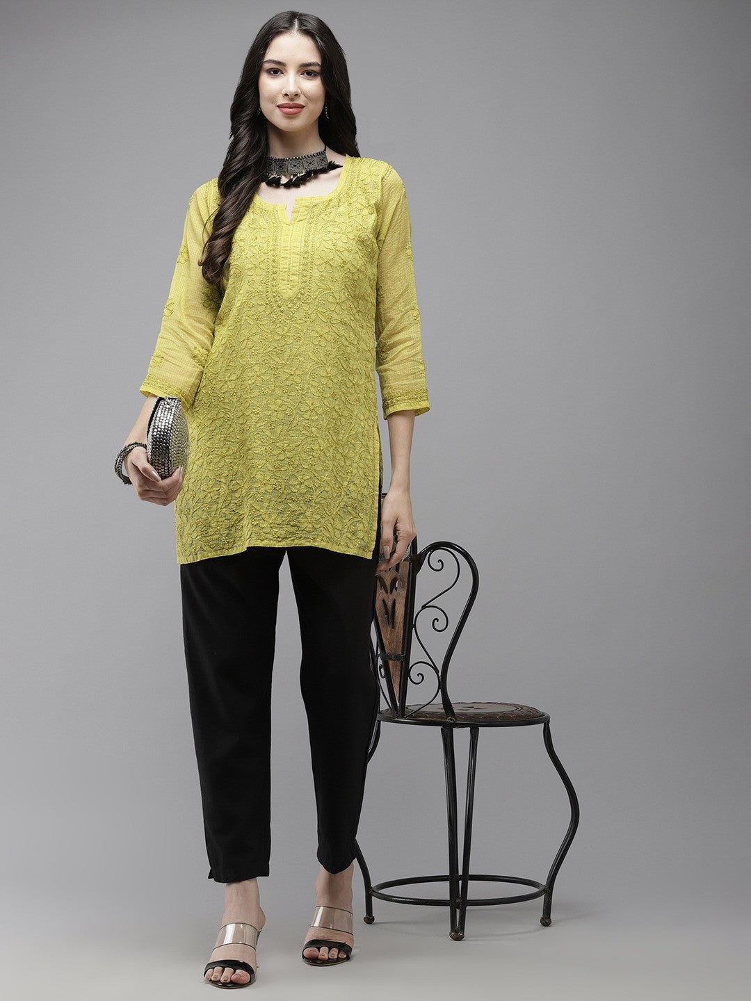 Ada Hand Embroidered Lime Green Kota Lucknowi Chikankari Short Kurti With Slip A911178