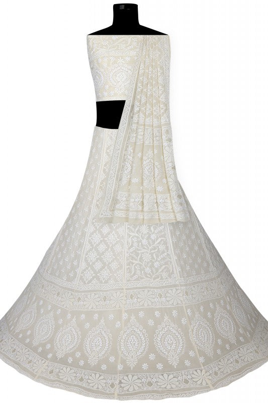 Ada Hand Embroidered White Pure Georgette Lucknowi Chikankari Lehenga Set A594297