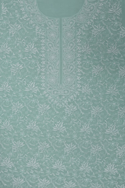 Ada Hand Embroidered Sea Green Pure Georgette Chikan Unstitched Suit Piece- A49696