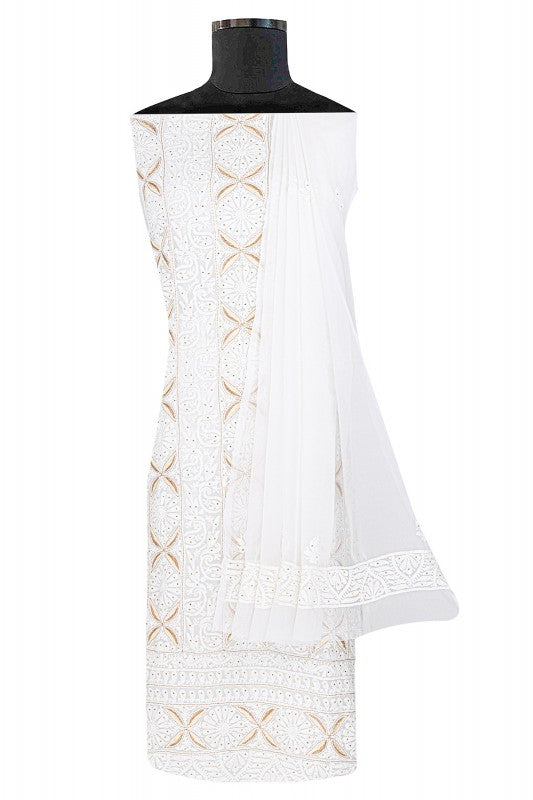 Ada Hand Embroidered White Georgette Lucknowi Chikan Unstitched Suit Piece with Muqaish Work A580885