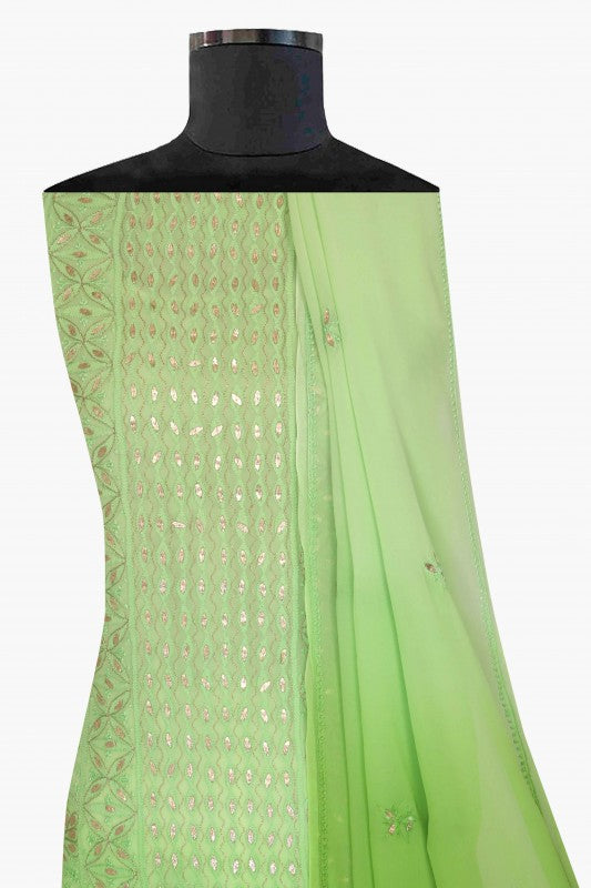 Ada Hand Embroidered Parrot Green Shaded Georgette Lucknowi Chikan Unstitched Kurta Dupatta Set with Gota Patti Work A480891