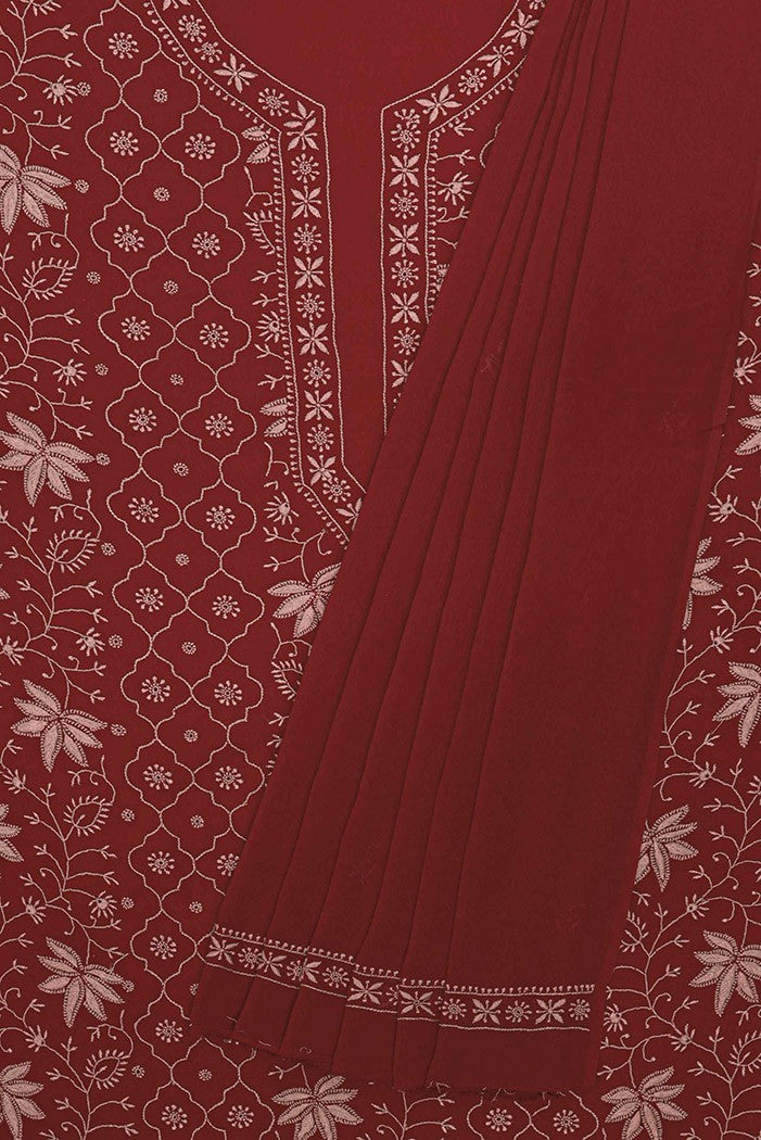 Ada Hand Embroidered Maroon Pure Georgette Lucknowi Chikan Unstitched Kurta Dupatta- A602113