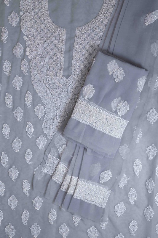 Ada Hand Embroidered Grey Georgette Lucknowi Chikan Unstitched Suit Piece with Muqaish Work A614631