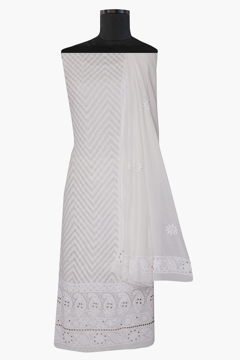 Ada Hand Embroidered White Pure Georgette Lucknowi Chikan Unstitched Kurta Dupatta with Muqaish Work– A590754
