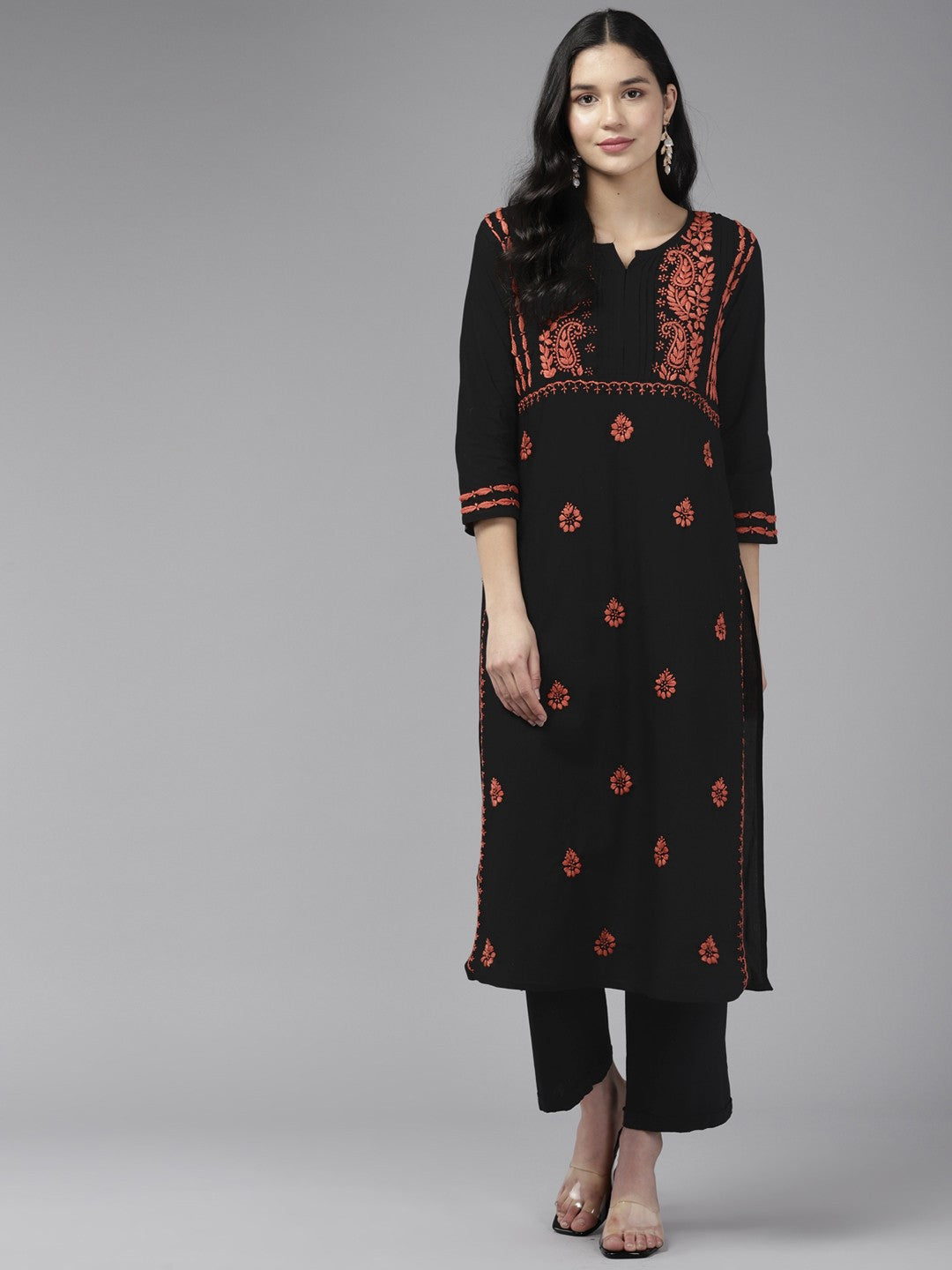 Ada Hand Embroidered Black Cotton Lucknowi Chikankari Straight Kurta A411428
