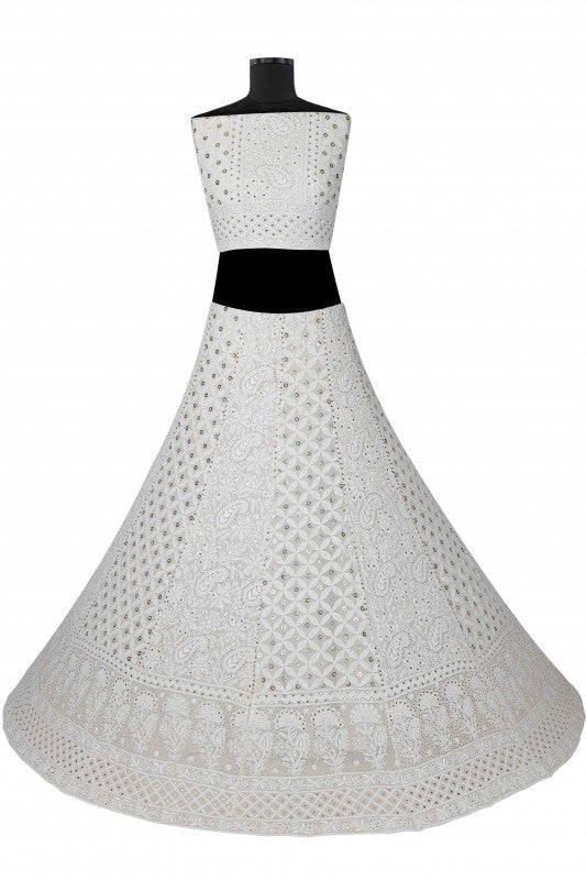 Ada Hand Embroidered Off White Pure Georgette Lucknowi Chikankari Lehenga Set With Muqaish Work– A578277