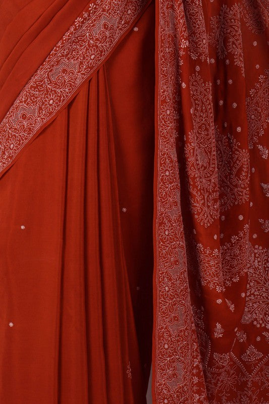 Ada Hand Embroidered Rust Silk Lucknowi Chikankari Saree/Blouse With Cutdana Work A173769
