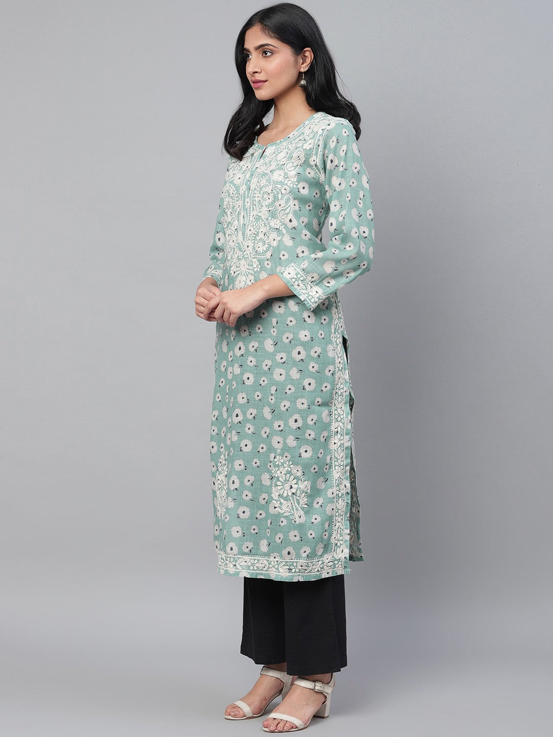 Ada Hand Embroidered Blue Cotton Lucknow Chikan Straight Kurta A100434