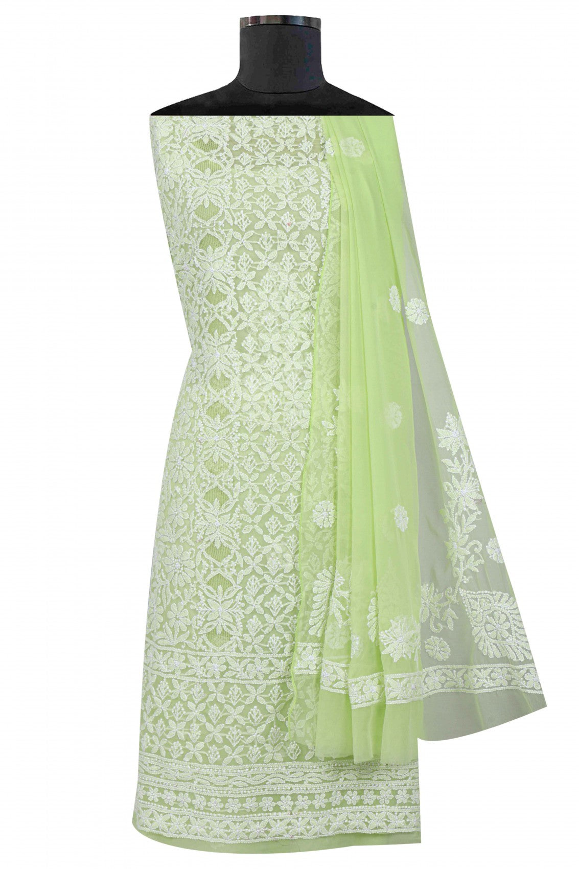 Ada Hand Embroidered Parrot Green Georgette Lucknowi Chikankari Unstitched Suit Piece 01A151166