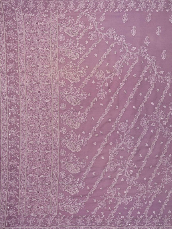 Ada Hand Embroidered Mauve Pure Georgette Lucknowi Chikankari Saree/Blouse with Pearl Work A534050