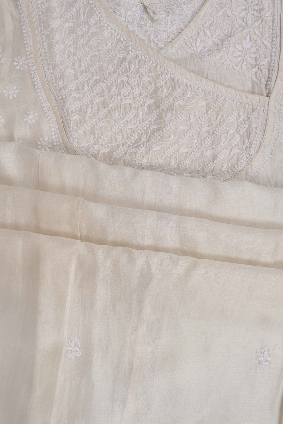 Ada Hand Embroidered White Chanderi Lucknowi Chikankari Semi-stitched Kurta Dupatta Set 01A240784