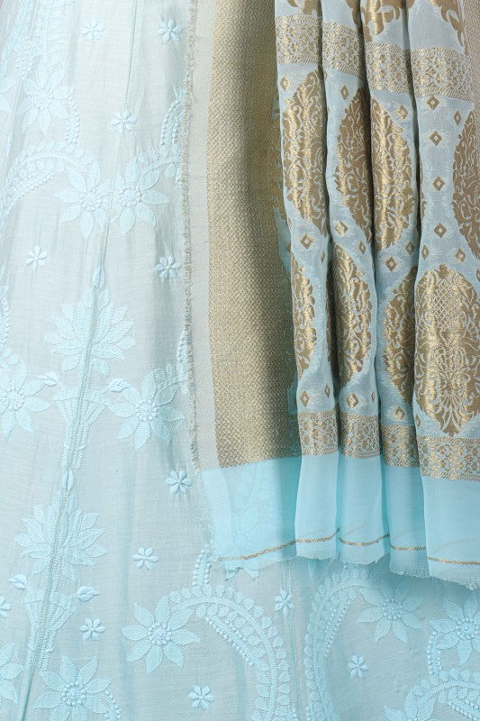 Ada Hand Embroidered Ombre Blue Chanderi Lucknowi Chikankari Lehenga Set 01A127217