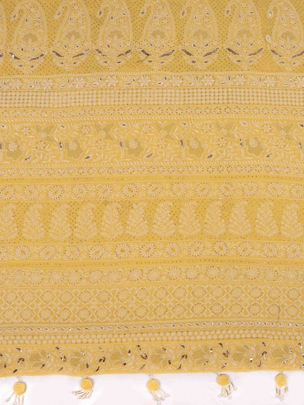 Ada Hand Embroidered Yellow Pure Georgette Lucknowi Chikankari Saree/Blouse With Muqaish Work A595825