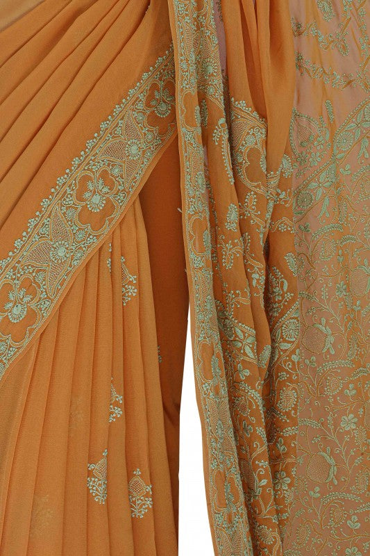 Ada Hand Embroidered Turmeric Yellow Pure Georgette Lucknow Chikan Saree With Blouse-A489063
