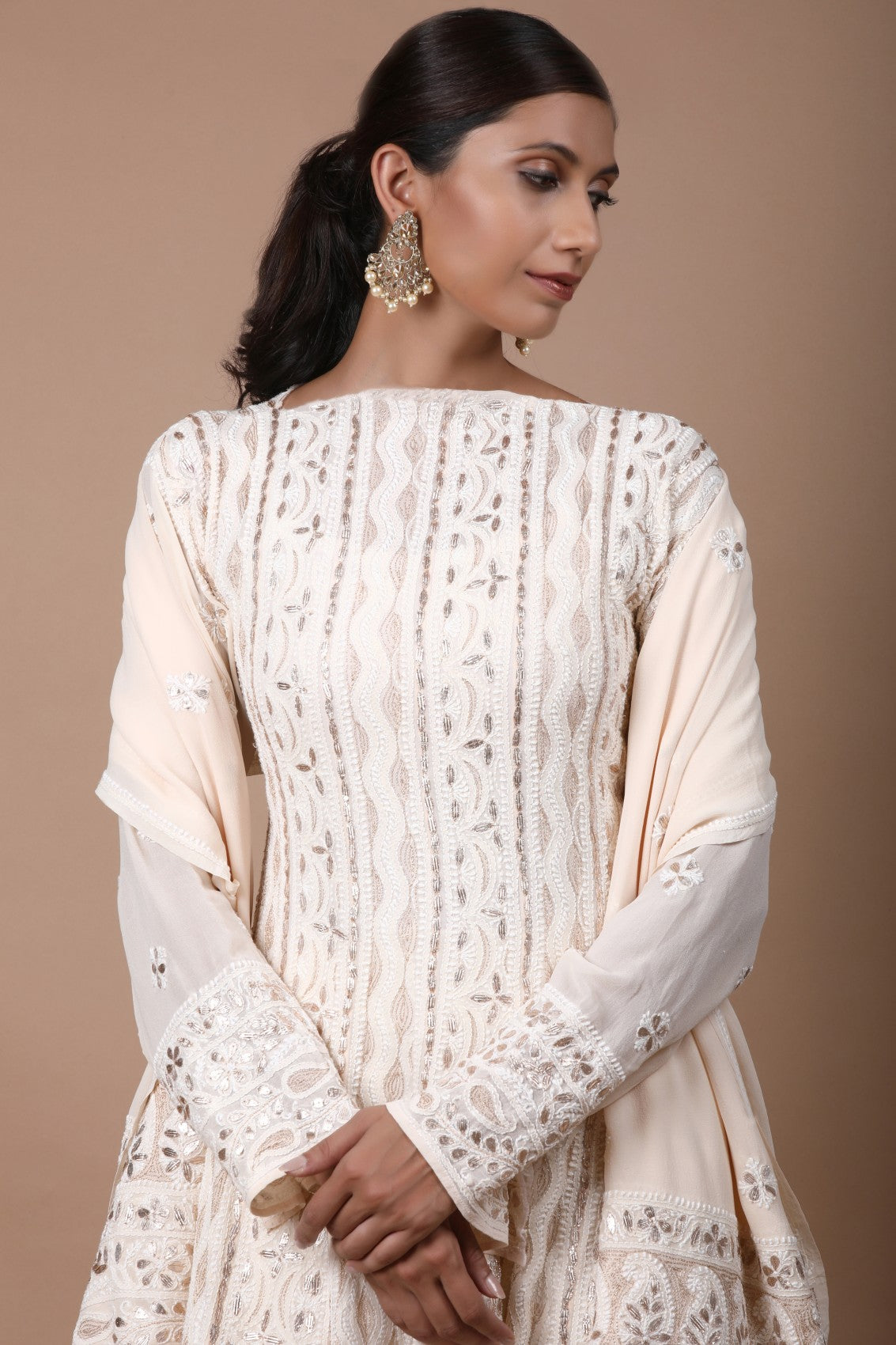 Ada Hand Embroidered Cream Pure Georgette Lucknowi Chikankari Semi-Stitched Anarkali Kurta Dupatta Set With Gota Patti Work 01A174899