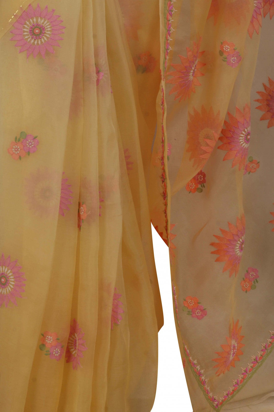 Ada Hand Embroidered Yellow Organza Lucknowi Chikankari Saree With Blouse 01A206137