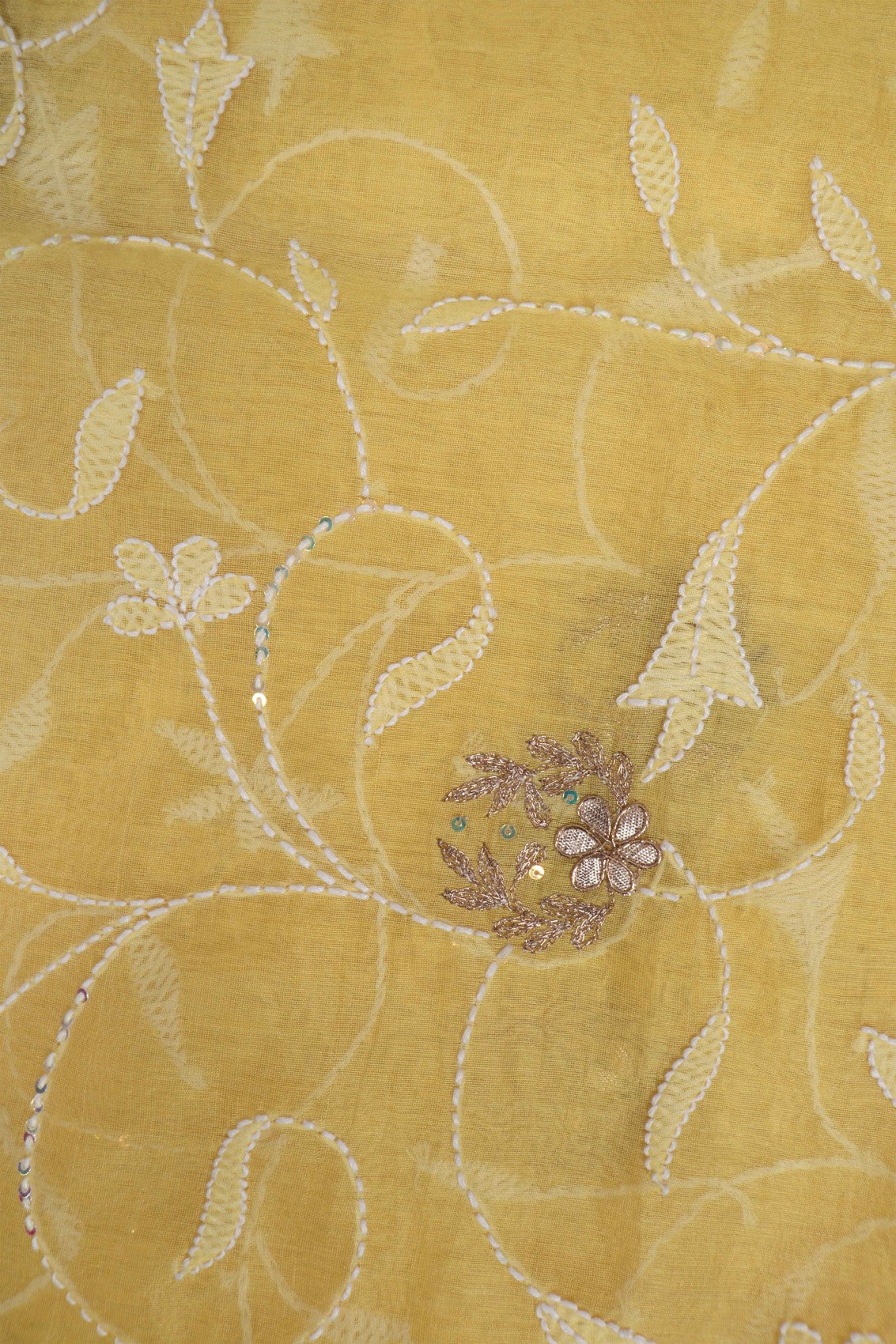 Ada Hand Embroidered Yellow Chanderi Lucknowi Chikankari Dupatta With Zari Work A105795