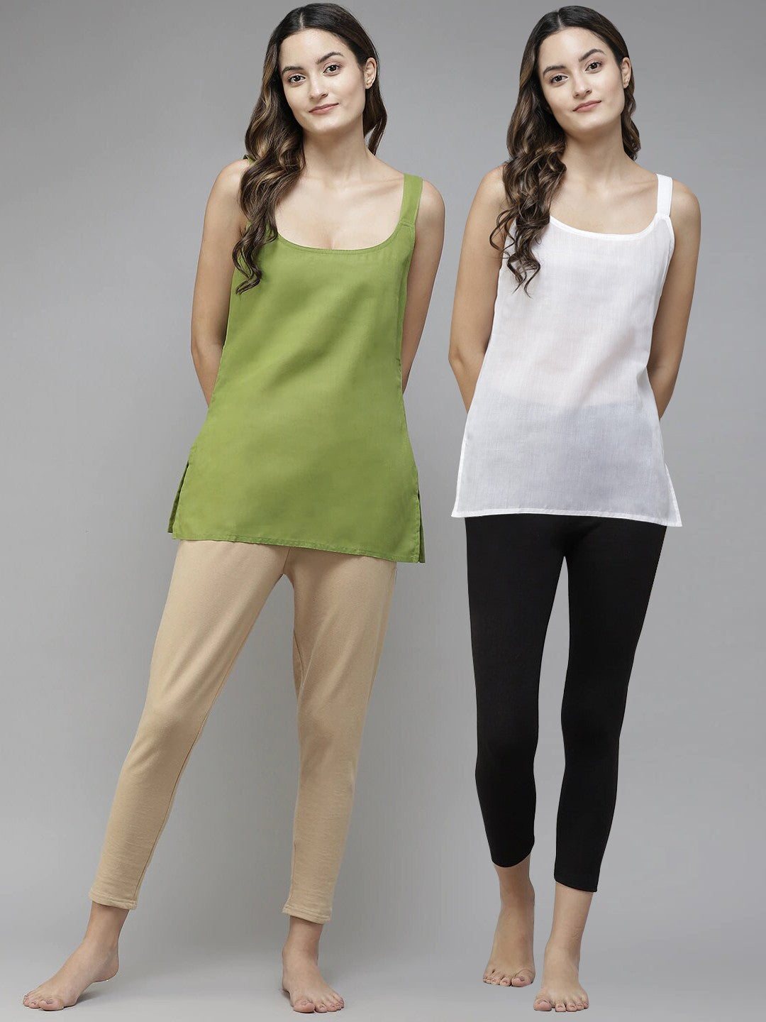 Ada White & Mehndi Green Cotton Short Slips Combo of 2 A111183.