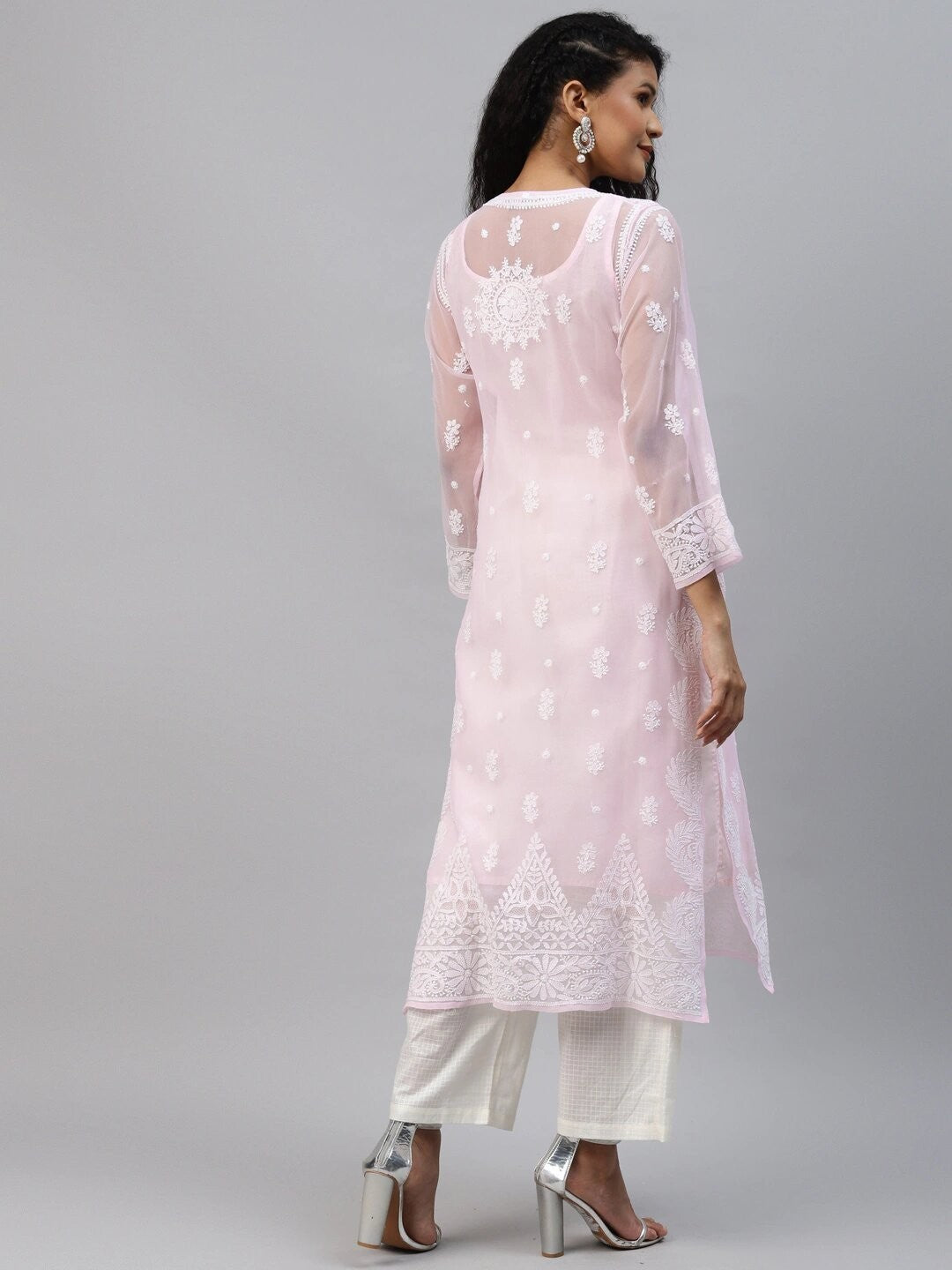 Ada Hand Embroidered Powder Pink Georgette Lucknowi Chikankari Straight Kurta with Slip A411208