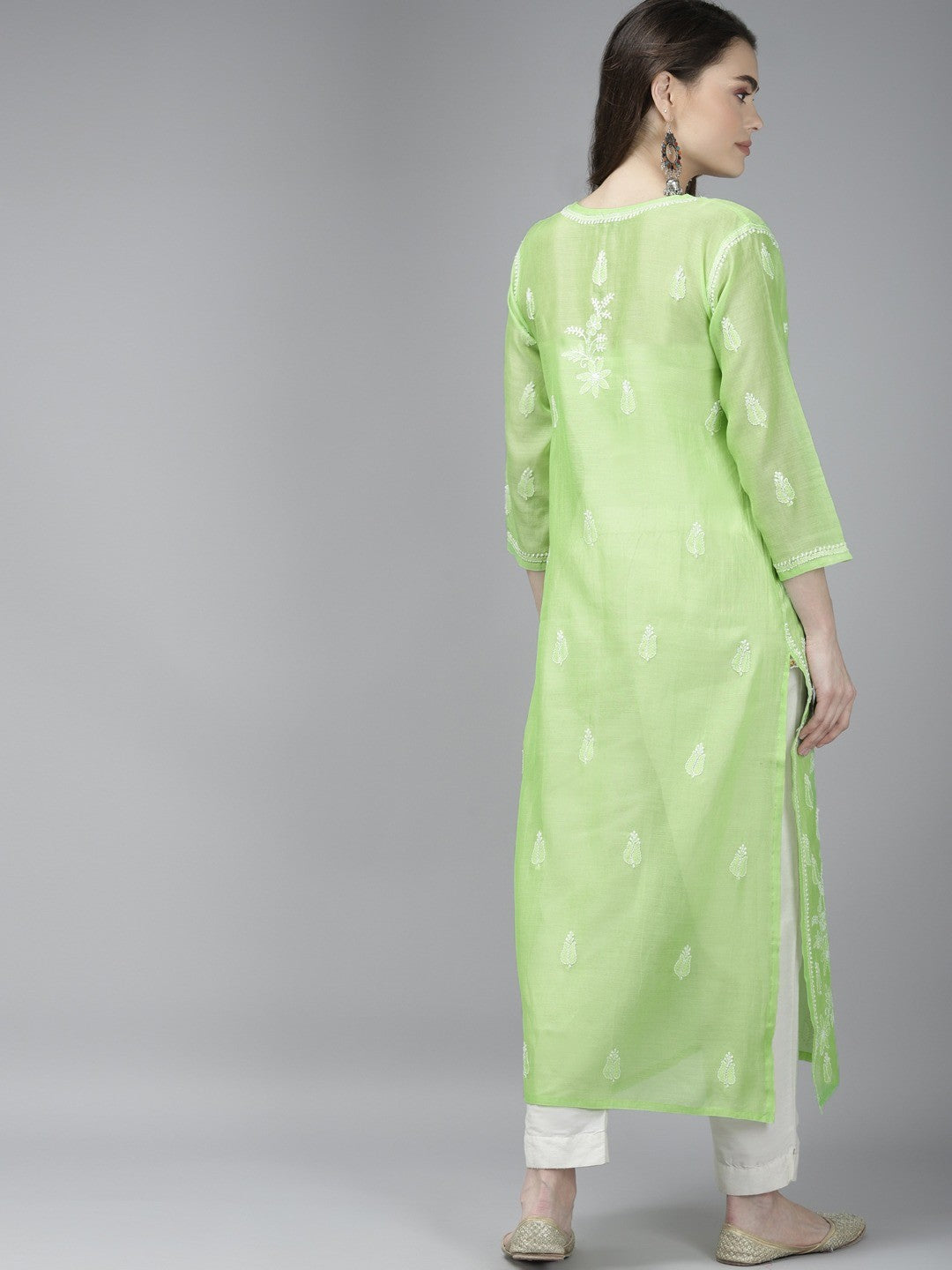Ada Hand Embroidered Green Chanderi Lucknow Chikankari Kurta A411373