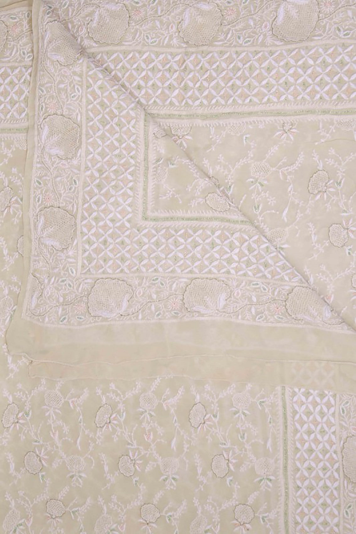 Ada Hand Embroidered White Pure Georgette Lucknowi Chikankari Dupatta With Pearl Work 01A100943