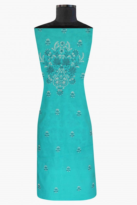 Ada Hand Embroidered Sea Green/Cream Cotton Lucknowi Chikan Unstitched Suit Piece-A478841