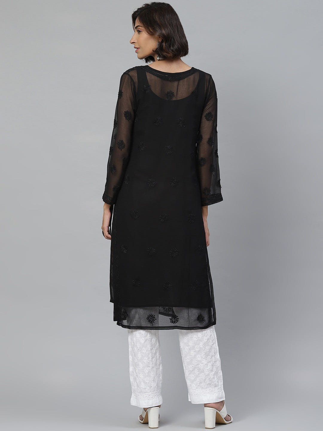 Ada Hand Embroidered Black and White Georgette Lucknowi Chikankari Kurta Set with Slip A811122
