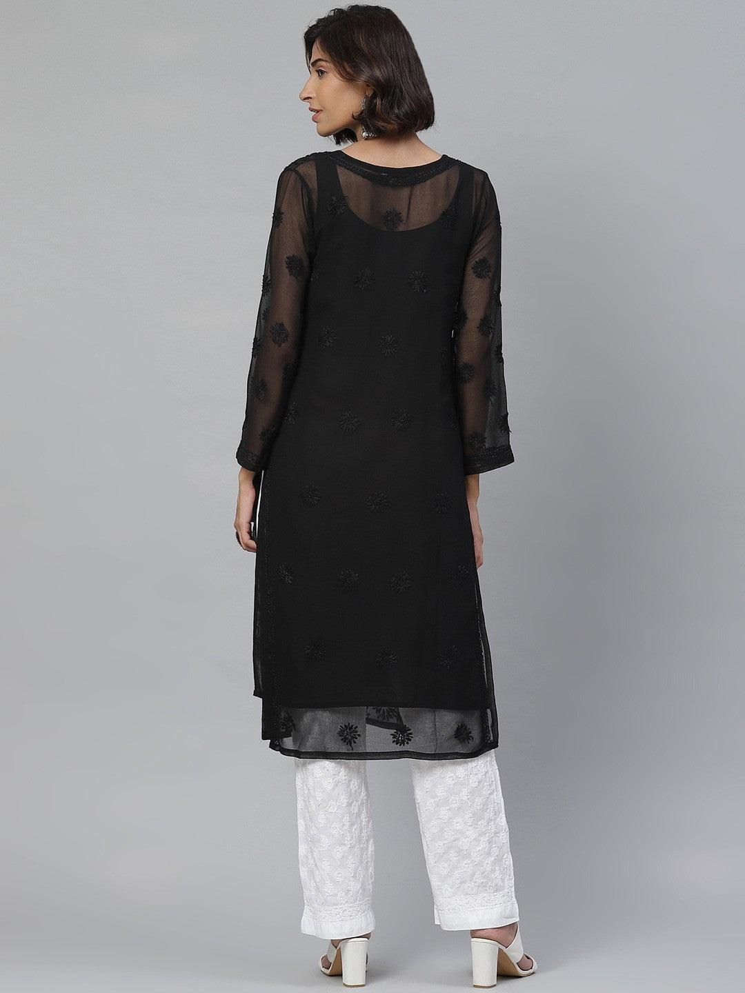 Ada Hand Embroidered Black and White Georgette Lucknowi Chikankari Kurta Set with Slip A811122