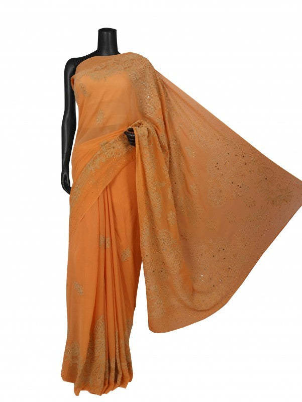 Ada Hand Embroidered Princeton Orange Pure Georgette Lucknowi Chikankari Saree/Blouse With Muqaish Work 01A82976