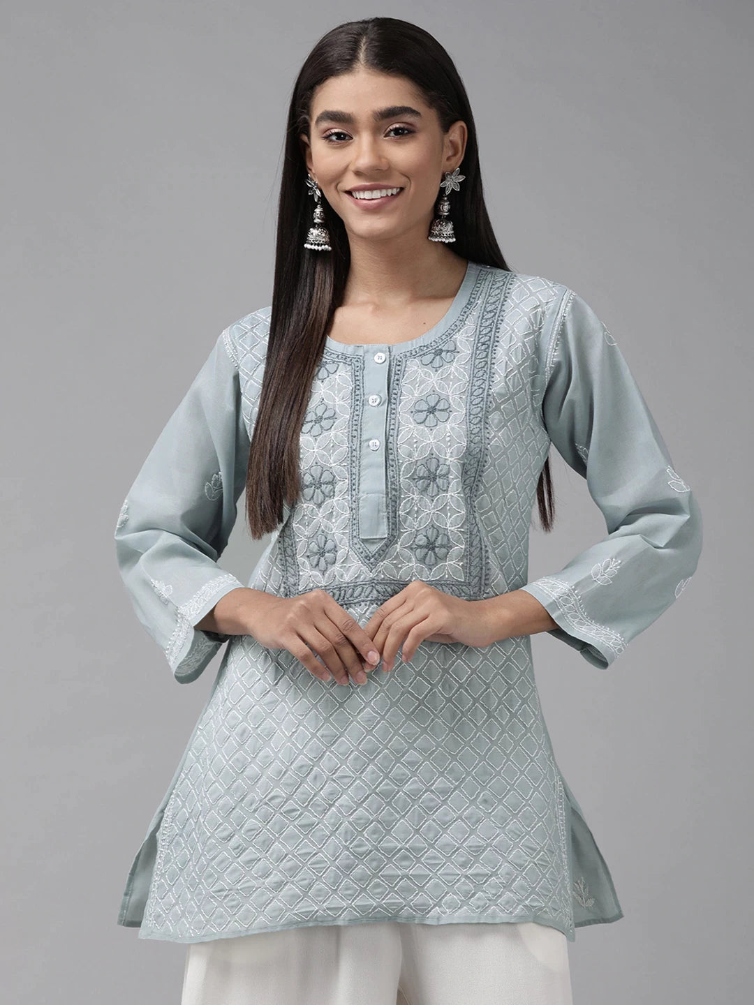 Ada Hand Embroidered Grey Cotton Lucknowi Chikankari Straight Kurti A911240