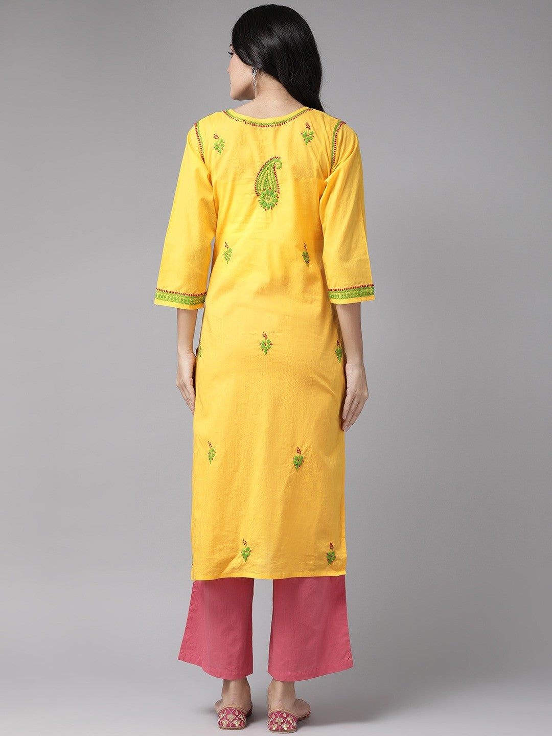 Ada Hand Embroidered Yellow Cotton Lucknowi Chikankari straight Kurta A223631