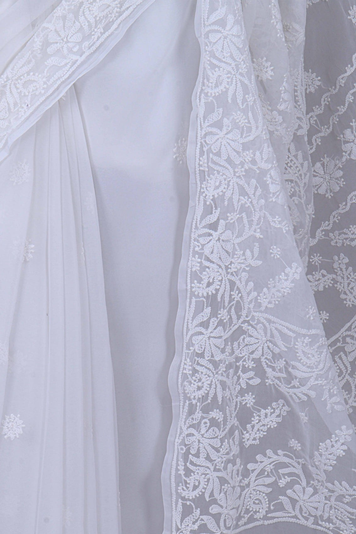 Ada Hand Embroidered White Georgette Lucknowi Chikankari Saree With Blouse A239320