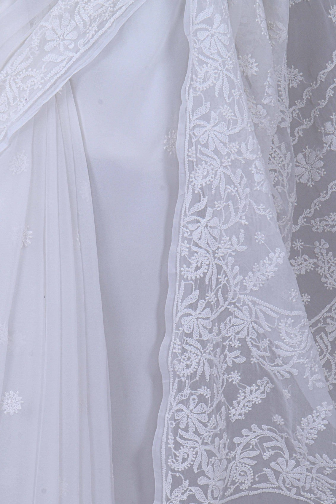 Ada Hand Embroidered White Georgette Lucknowi Chikankari Saree With Blouse A239320