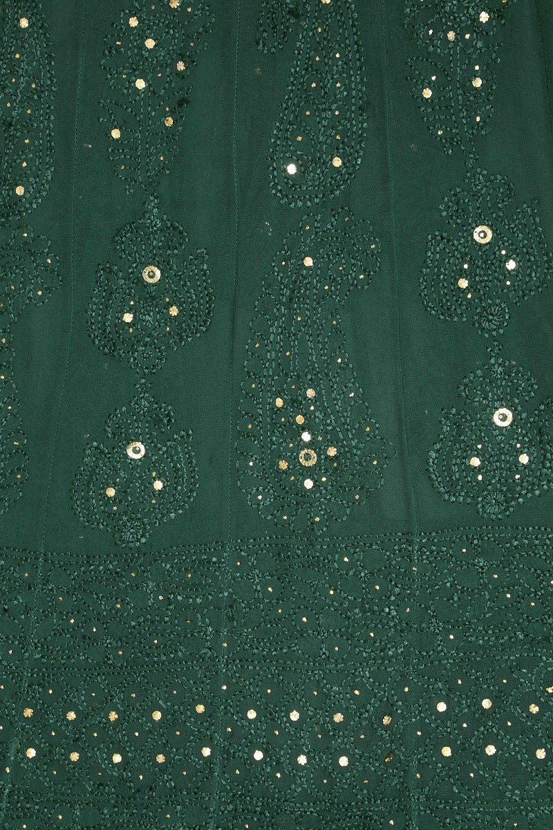Ada Hand Embroidered Bottle Green Georgette Lucknowi Chikankari Semi-Stitched Anarkali Kurta Dupatta Set With Muqaish Work 01A12700