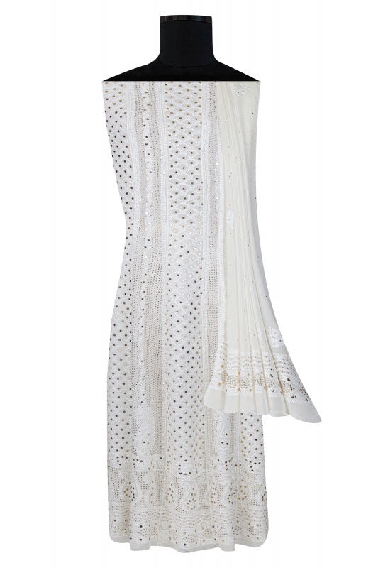 Ada Hand Embroidered White Georgette Lucknowi Chikankari Semi-stitched Anarkali Kurta Dupatta Set With Muqaish Work- A621527