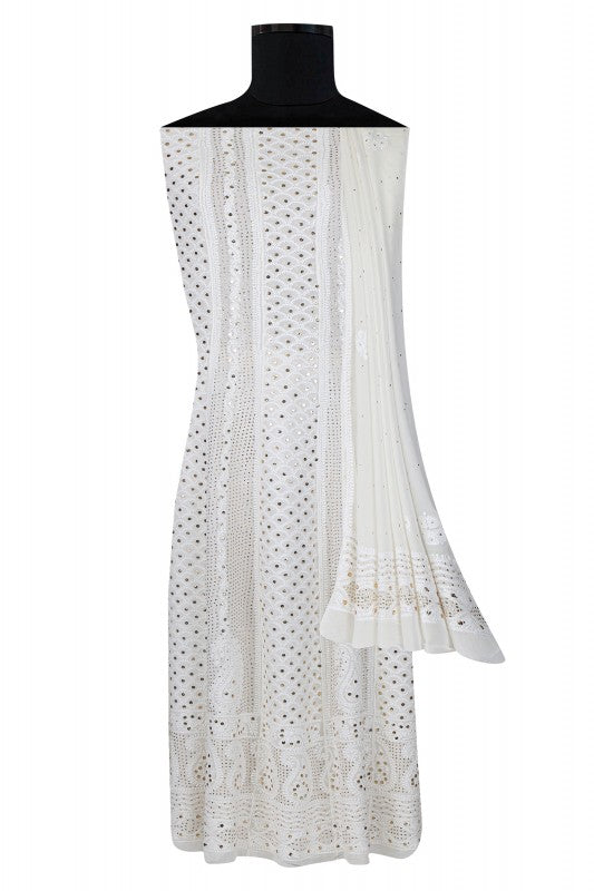 Ada Hand Embroidered White Georgette Lucknowi Chikankari Semi-stitched Anarkali Kurta Dupatta Set With Muqaish Work- A621527