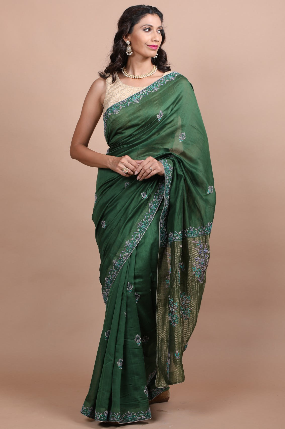 Ada Hand Embroidered Juniper Green Chanderi Lucknowi Chikankari Saree With Blouse A105790