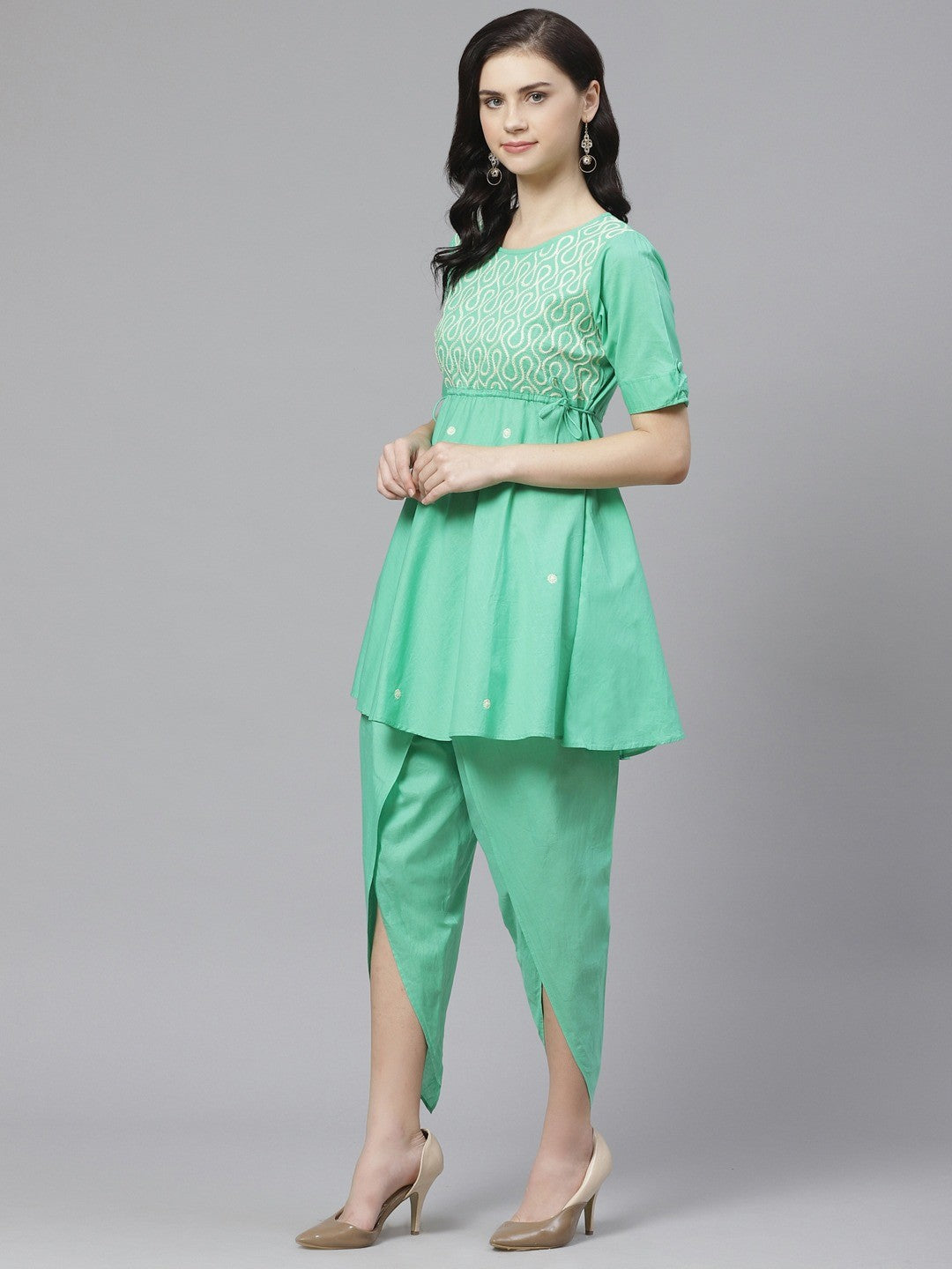 Ada Hand Embroidered Green Cotton Lucknowi Chikankari Flared Kurti With Dhoti Set A100322