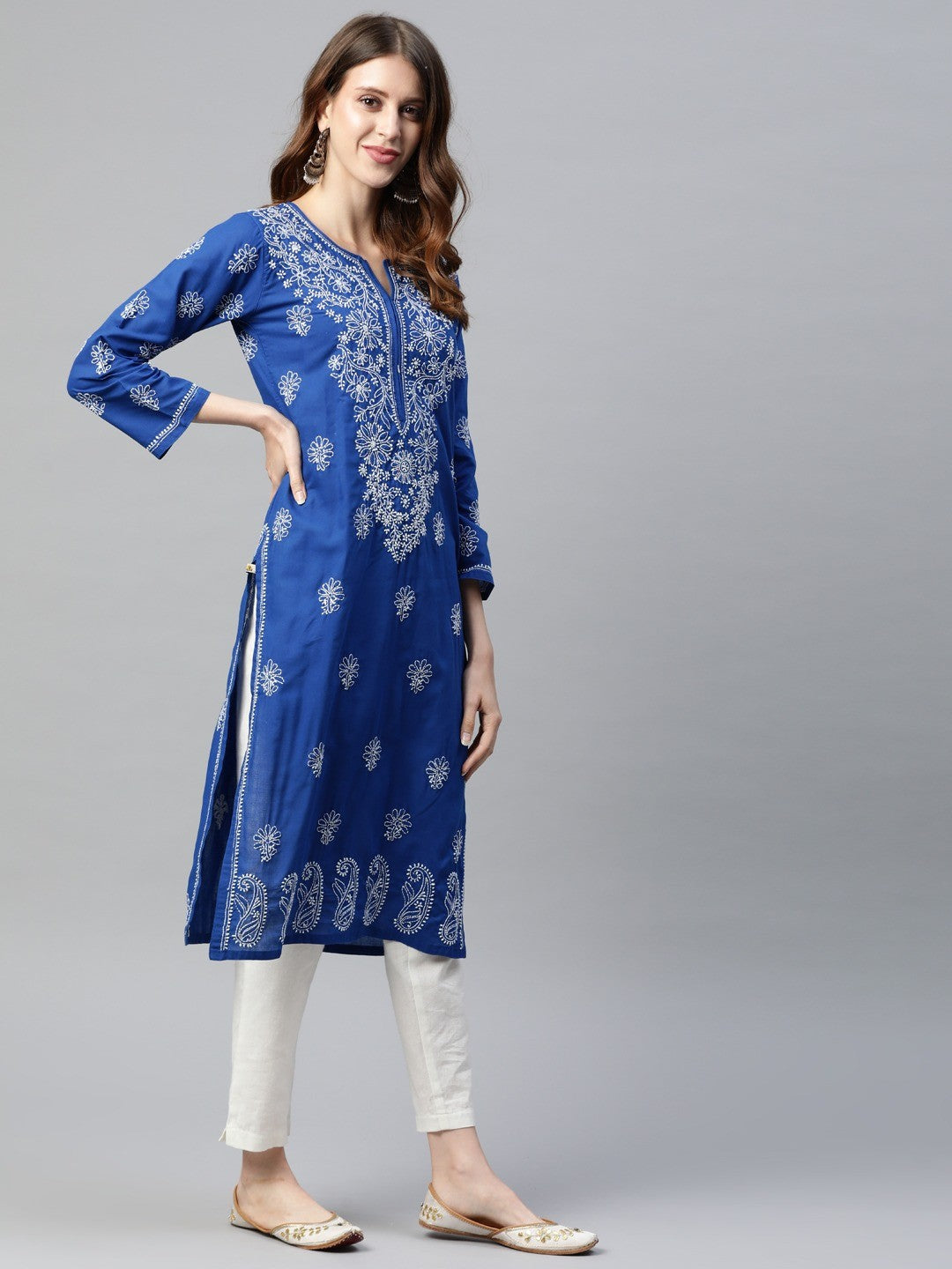 Ada Hand Embroidered Royal Blue Cotton Lucknowi Chikan straight Kurta A411190
