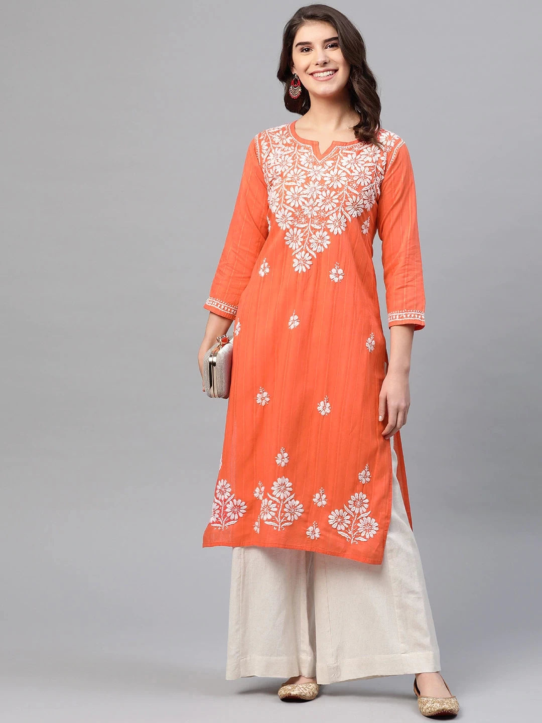 Ada Hand Embroidered Coral Orange Cotton Lucknow Chikankari Kurta A411167