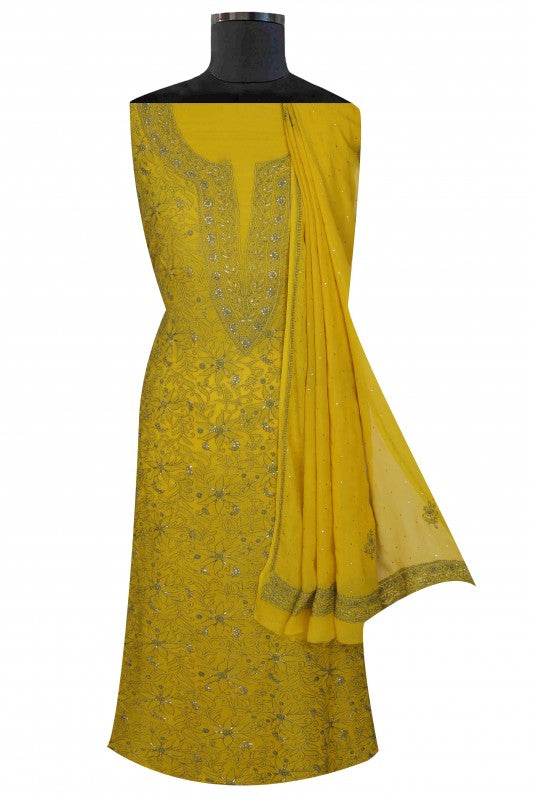 Ada Hand Embroidered Mustard Chiffon Lucknowi Chikan Unstitched Kurta Dupatta Set With Muqaish Work  A489066